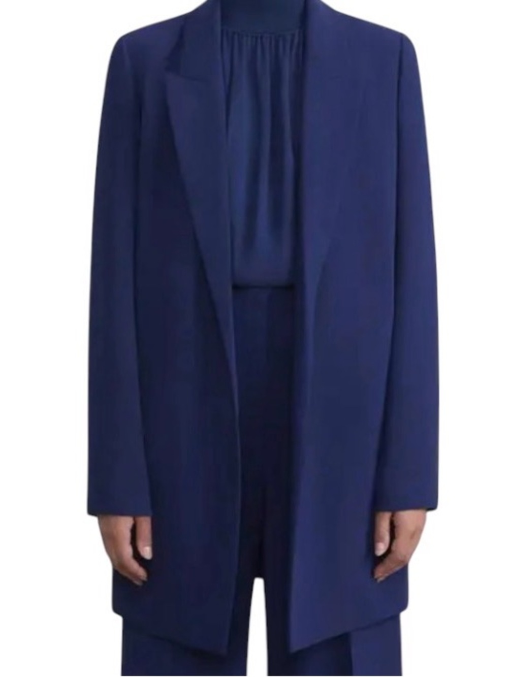 LAFAYETTE 148 NEW YORK BLUE OPEN- FRONT LONG BLAZER WITH SEMI RUCHED SLEEVES